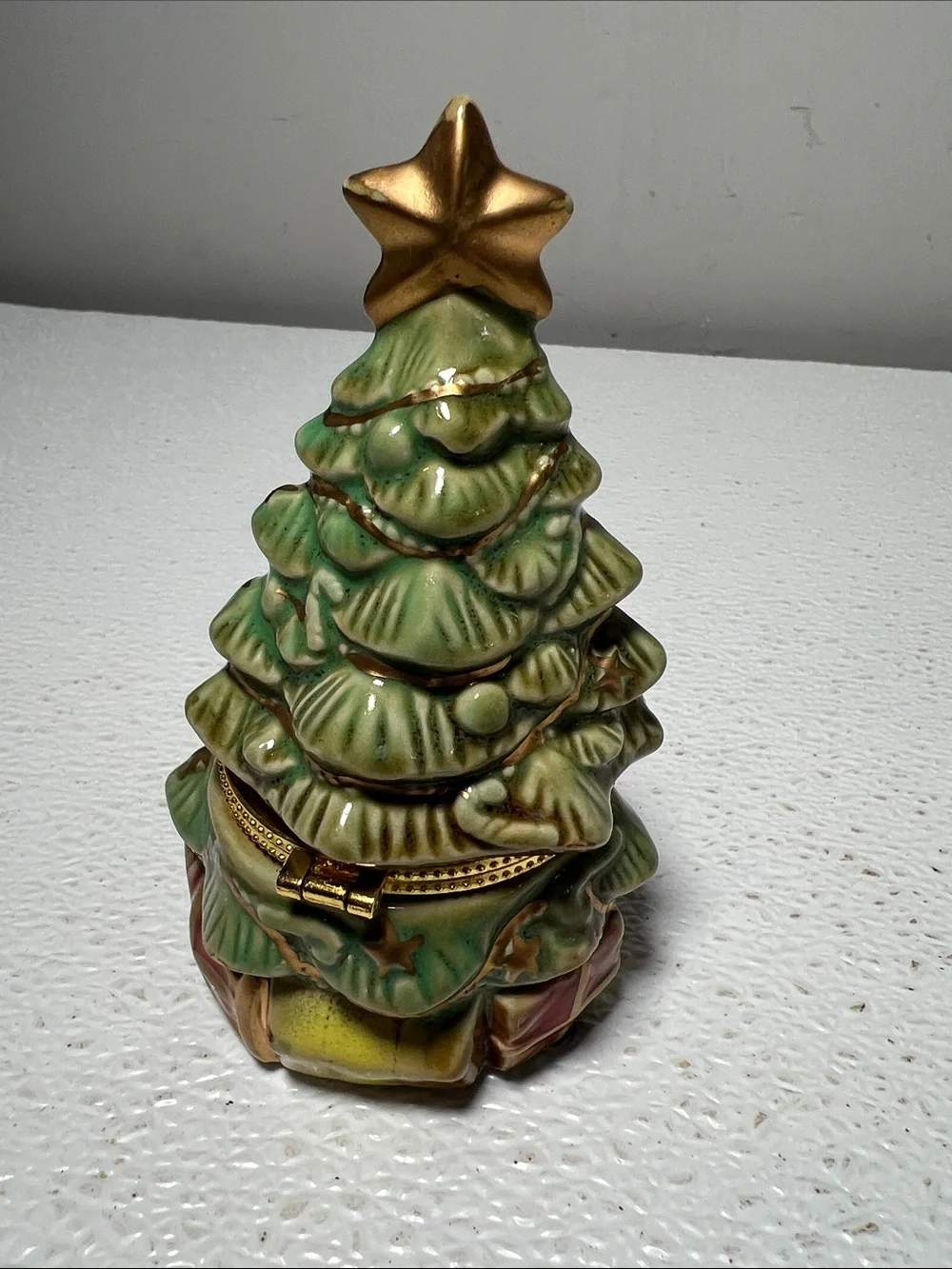 Vintage Green Ceramic Holiday Tree Jewelry Box with Gold Star on Top